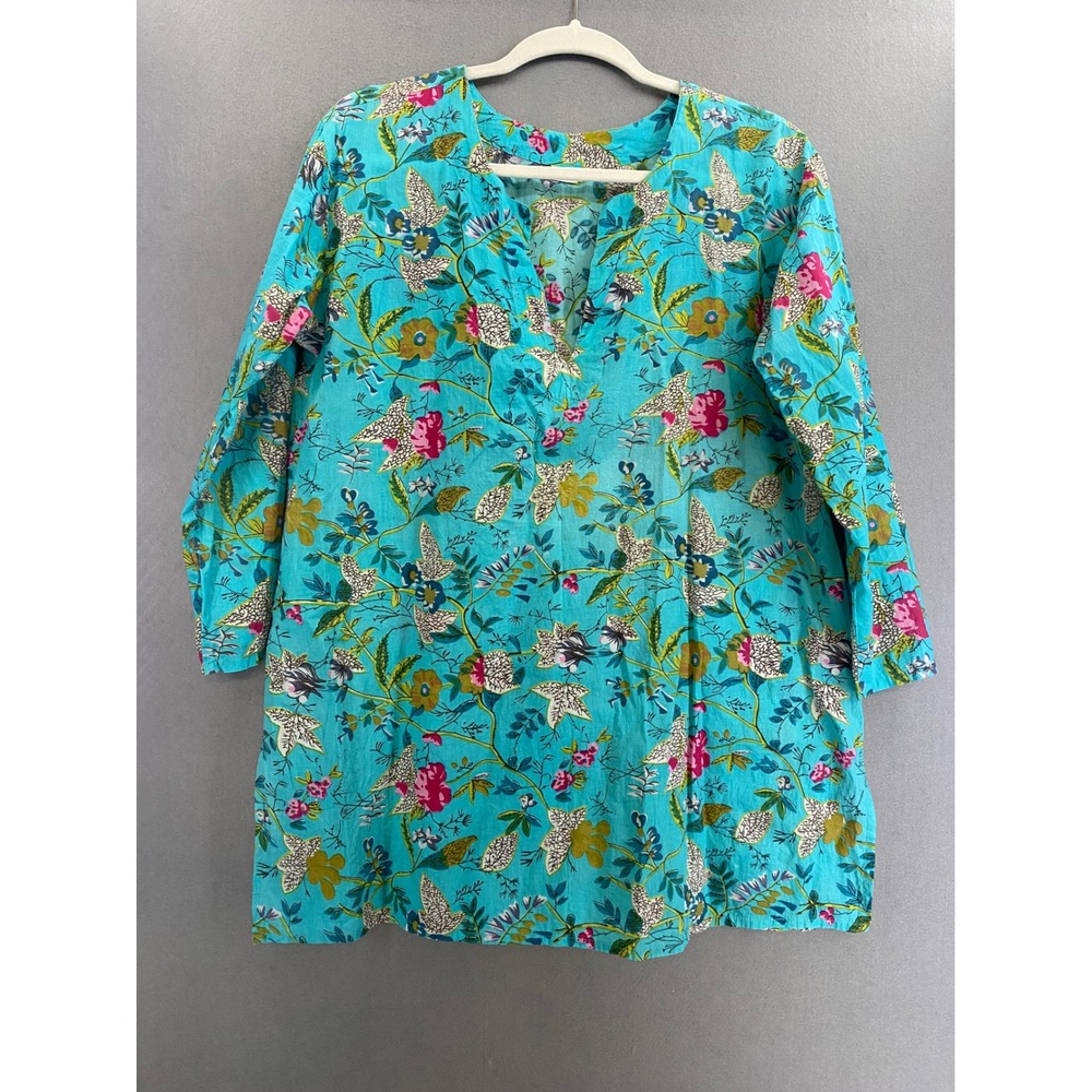 Turquoise Blue Floral Cotton Tunic Top Split V-Neck 3/4 Sleeve India Size L